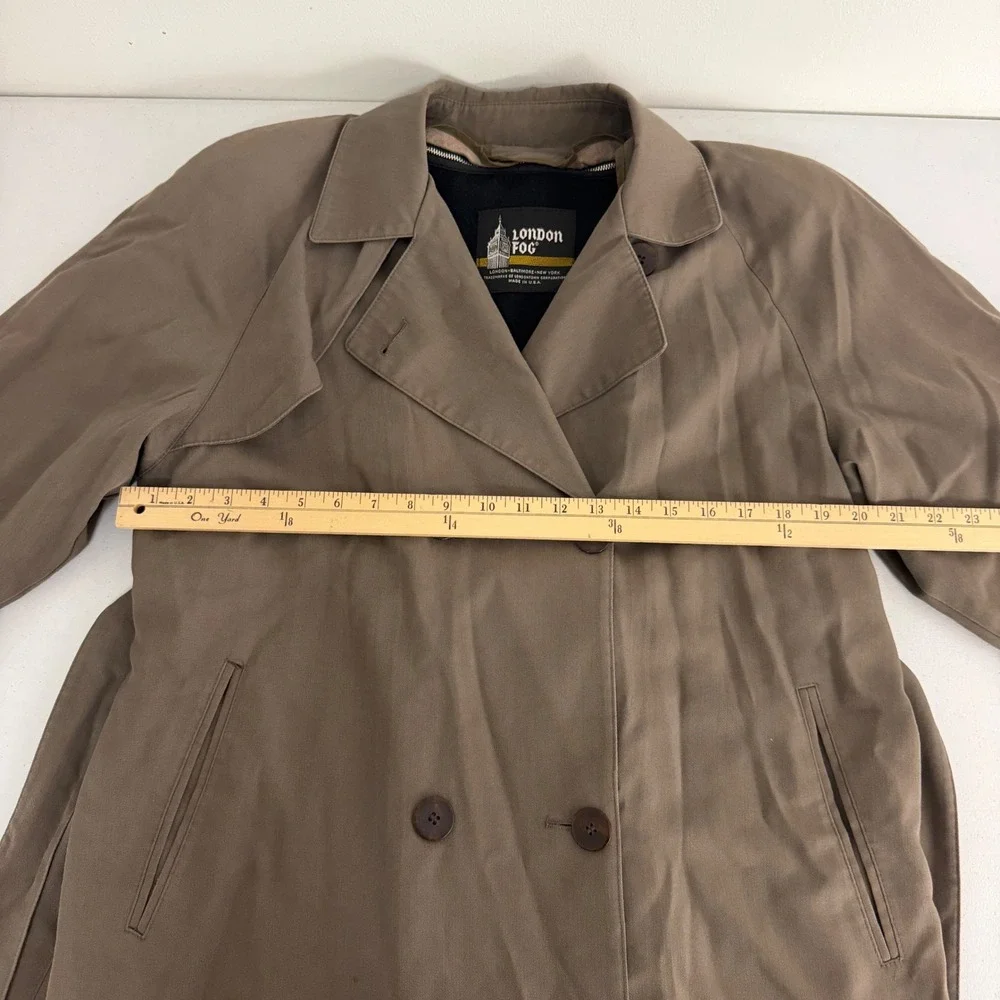 London Fog Trench Coat Womens 8 Petite Double Breasted Belted Olive Green